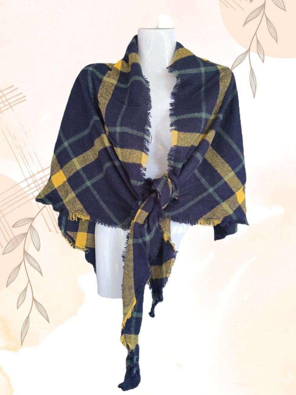 Cozy Plaid Wrap Shawl - Navy & Mustard